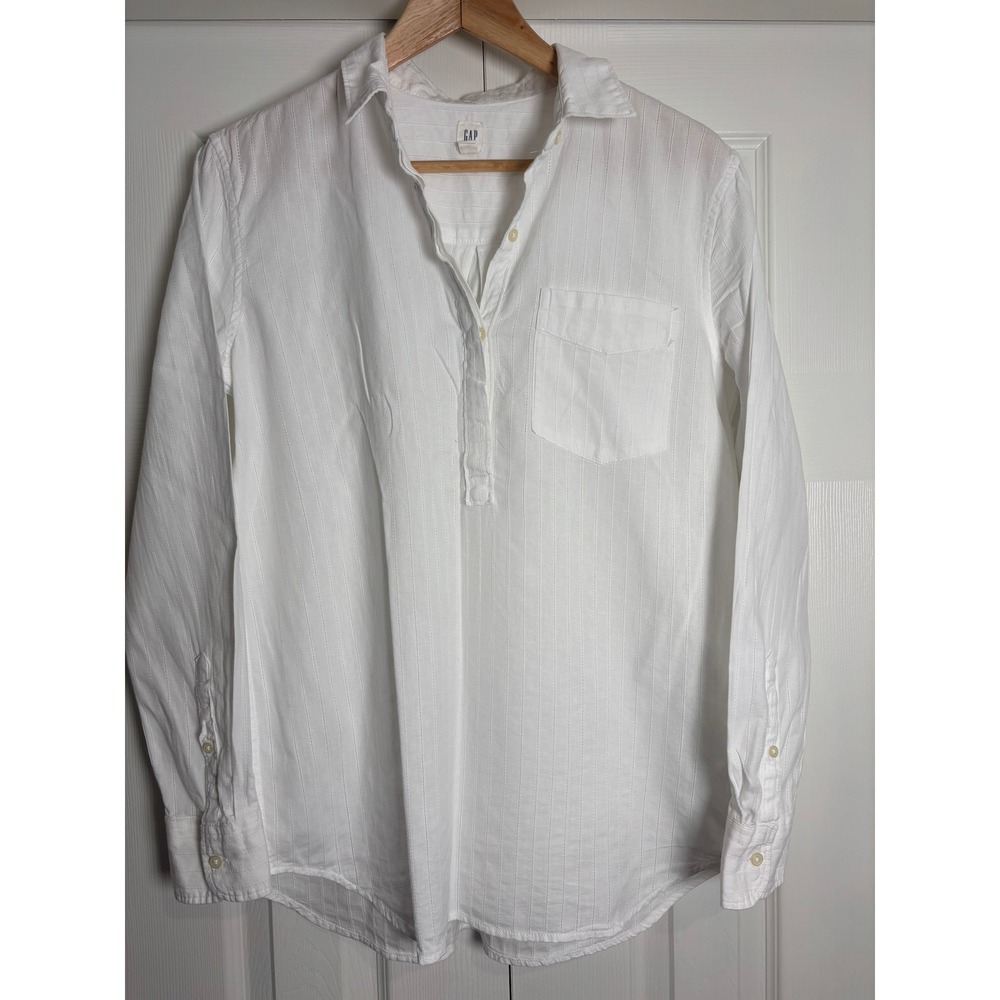 Gap Womens White Dobby Stripe Cotton Popover Blouse Long Sleeve Shirt Size S